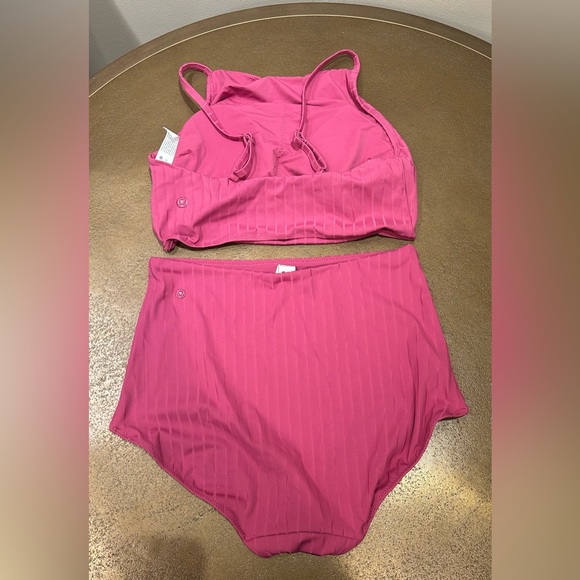 Lululemon Pink Ribbed Swim High Neck Long Line Top And High-waist Full Bottom, M - Picture 2 of 13